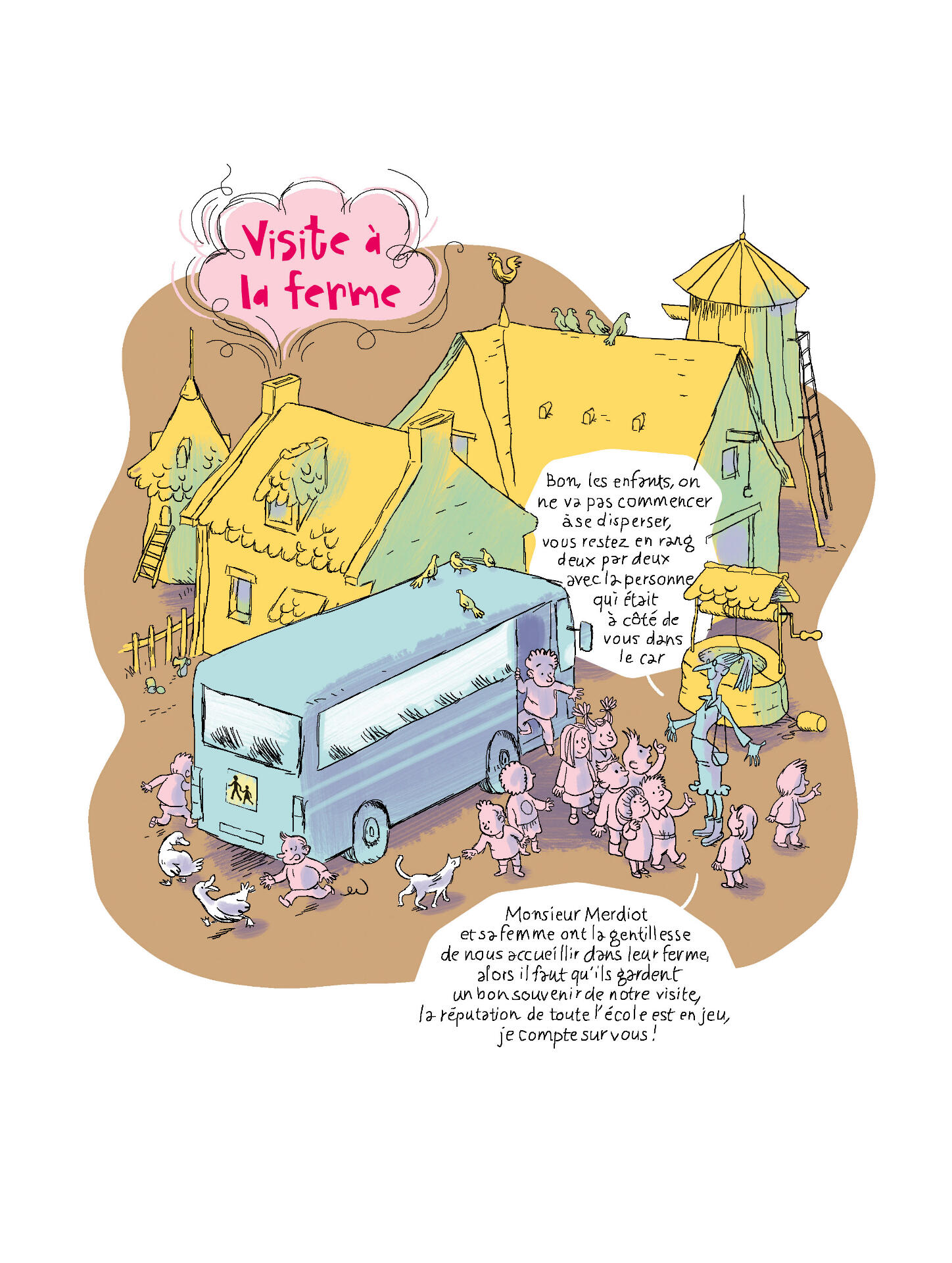 BD humoristique-Visite à la ferme-classe scolaire-école primaire-sortie scolaire-car scolaire-Maureen Lasne-François Warzala